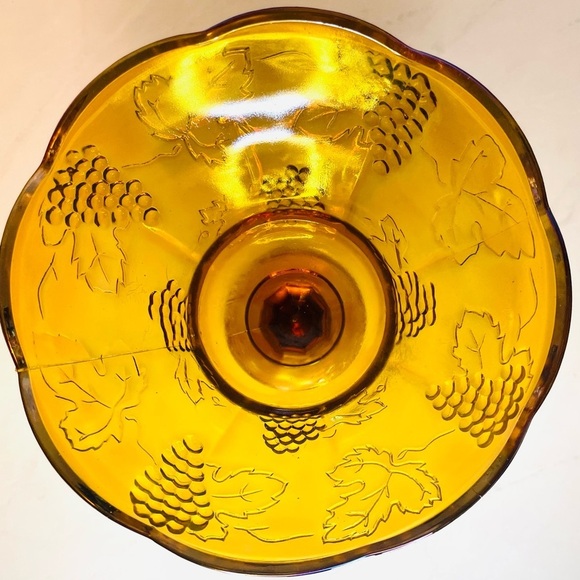 CARNIVAL GLASS Iridescent Marigold | Harvest Grape Pattern Pedestal Bowl - Picture 3 of 10